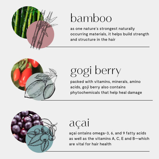 Ingredients in finishing texture spray: bamboo for strength, gogi berry for damage repair, açaí for hair health.