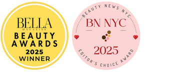 Two circular award badges on a white background: a yellow Bella Magazine Beauty Awards 2025 Winner badge on the left, and a pink BN NYC Beauty News NYC 2025 Editor's Choice Award badge on the right.