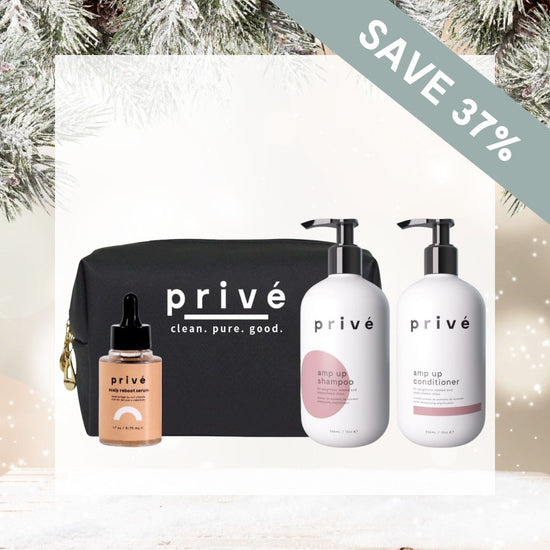 prive amp up holiday bundle with shampoo, conditioner, bag and scalp serum