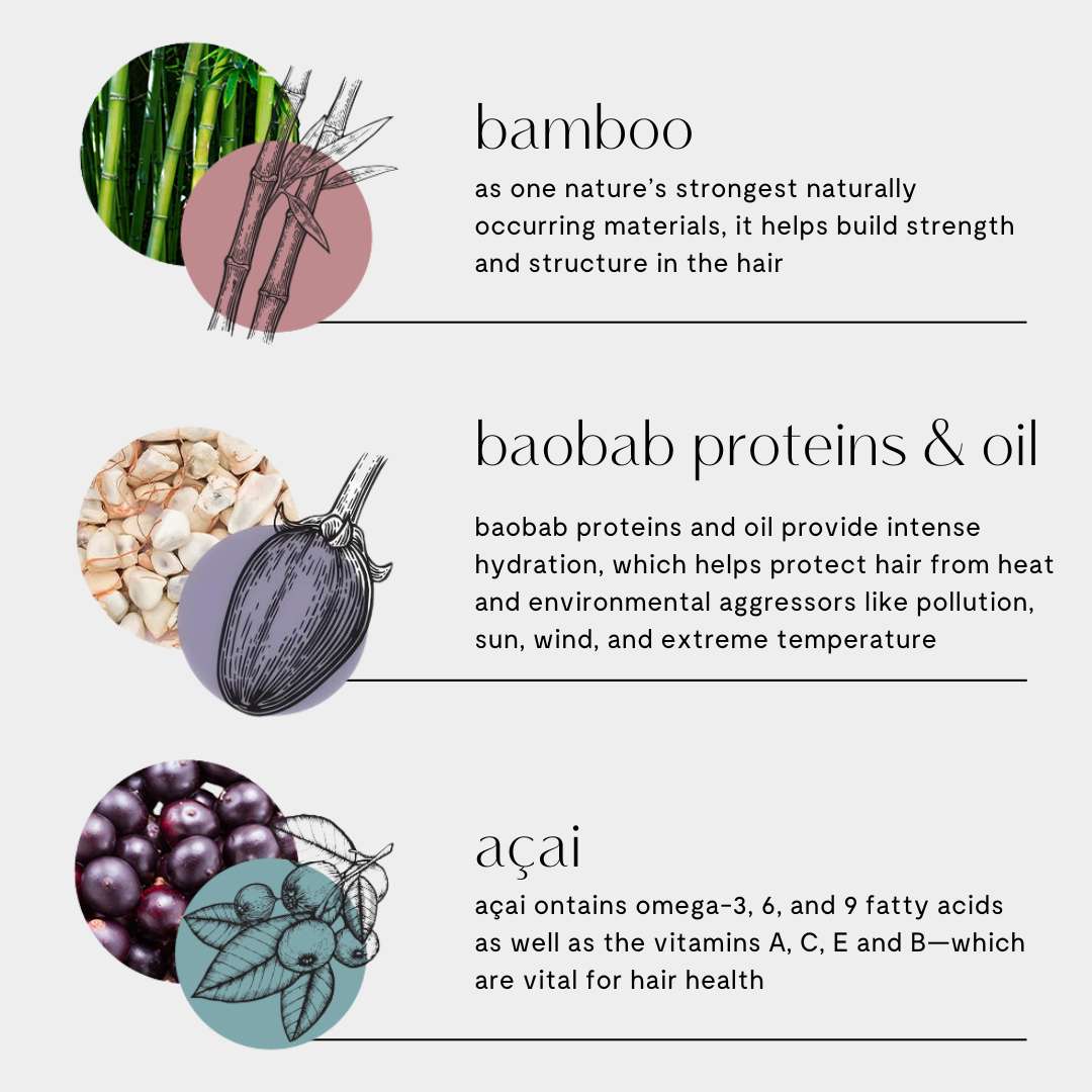 Ingredients in definition cream: bamboo for strength, boabob proteins & oil for hydration and protection, and açaí for hair health.