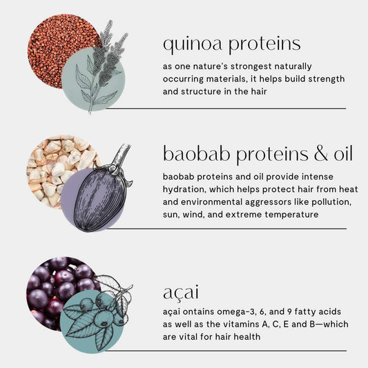 Ingredients for scalp reboot serum: quinoa proteins for strength and structure, boabob proteins & oil for hydration and protection, and açaí for hair health. 